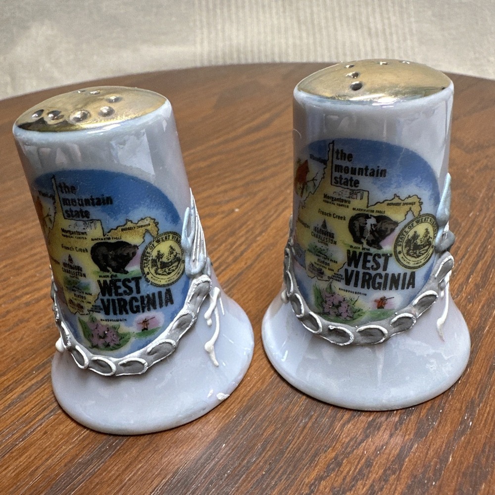 Vintage West Virginia Salt Pepper Shaker Set Kitchen Decor moriage Dragon Logo